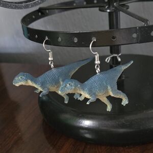 Dinosaur Earrings in Blue and Tan